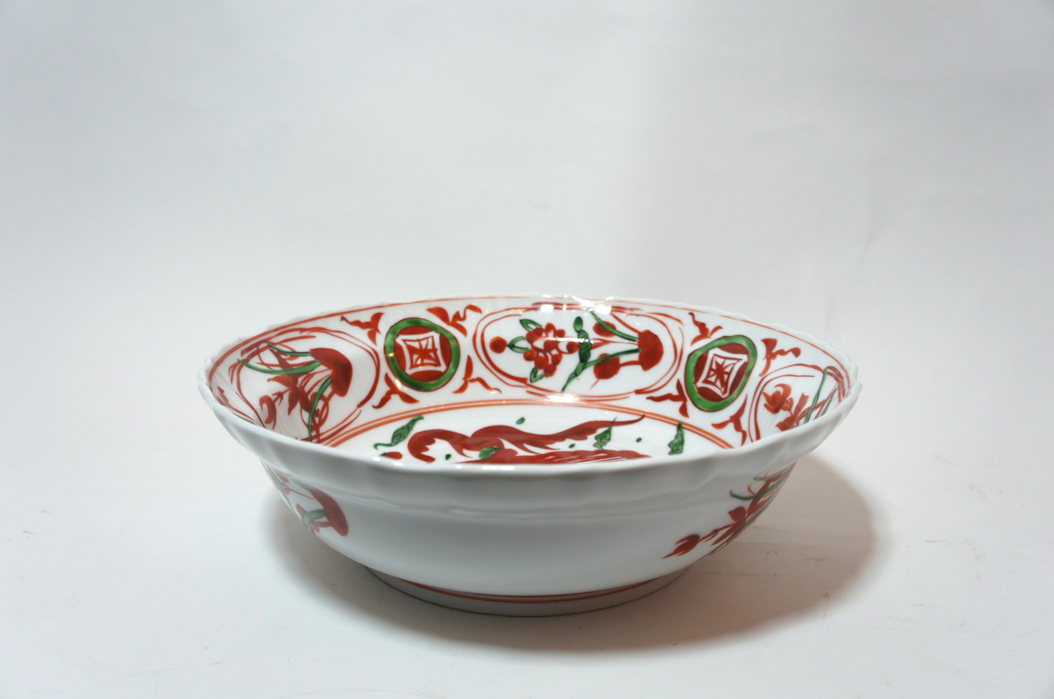 Showa Japanese Orange Red and Green Colors Arabesque Pattern, Sehyou Kiln Bowl, 1970s For Sale