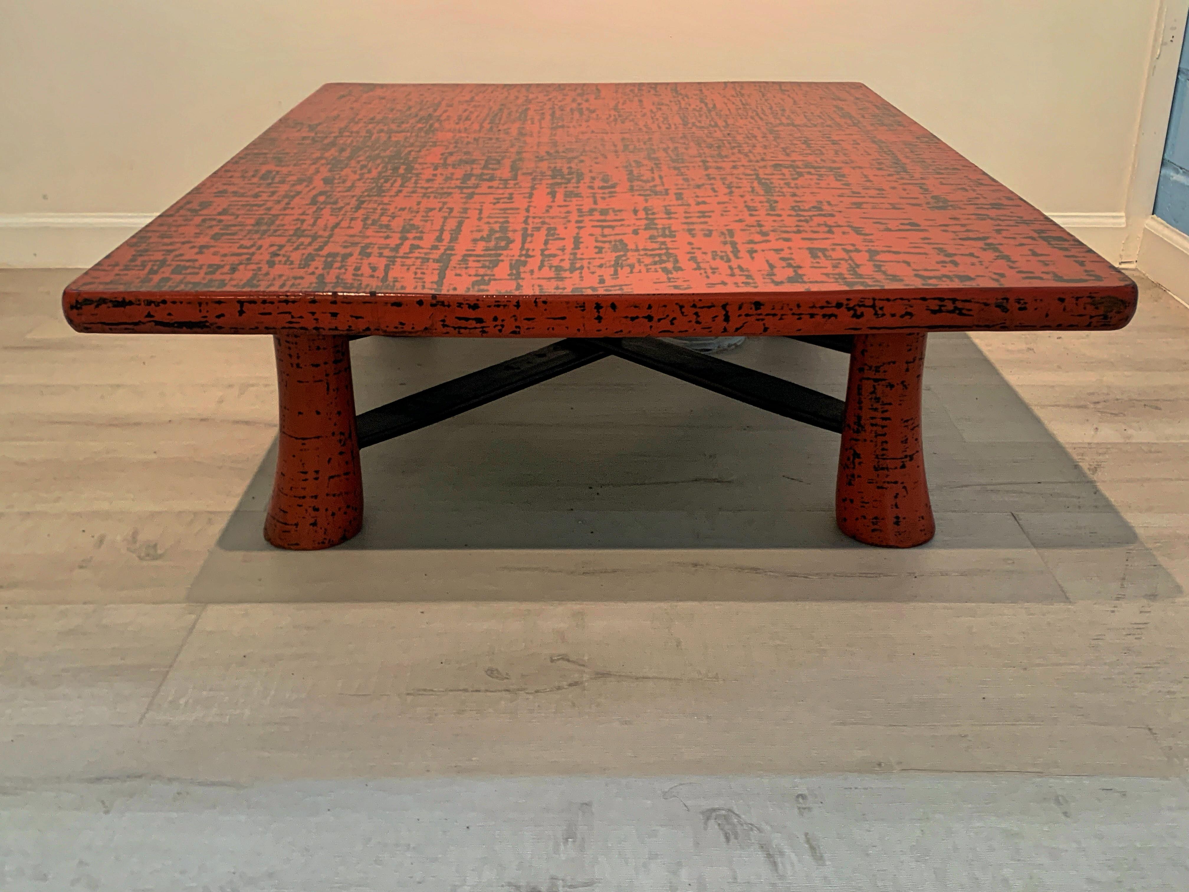 Lacquered Japanese Orange Red Negoro Lacquer Low Table, Taisho Period, 1920s, Japan For Sale