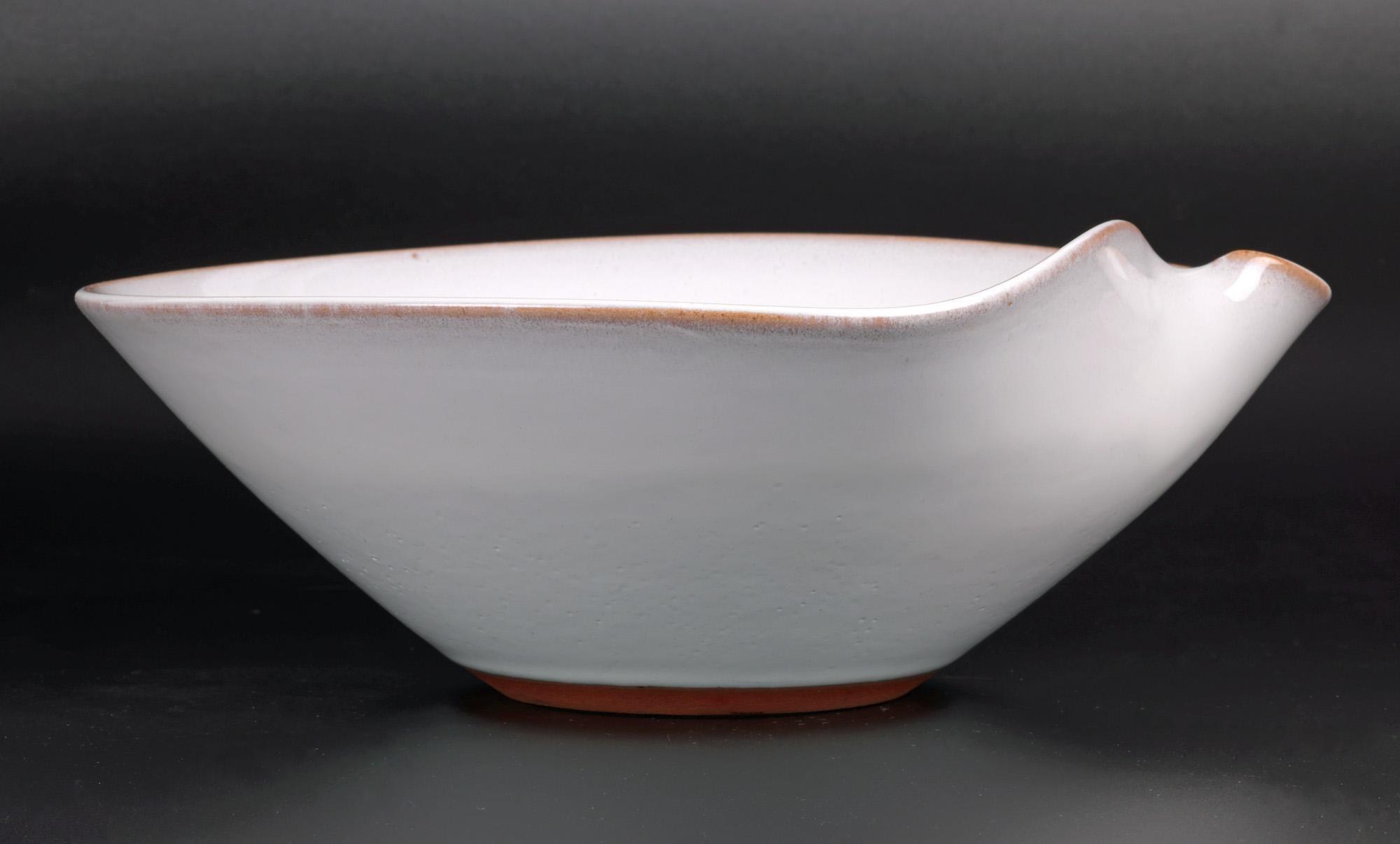 Mid-Century Modern Japanese Organic Shaped White Glazed Studio Pottery Bowl For Sale