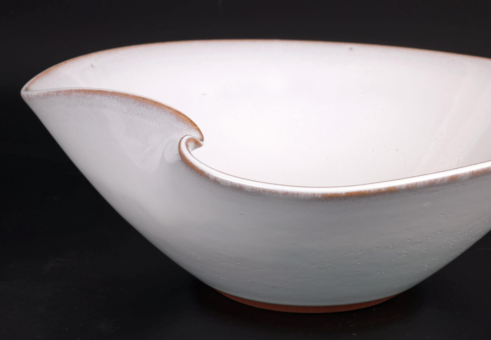 Stoneware Japanese Organic Shaped White Glazed Studio Pottery Bowl For Sale