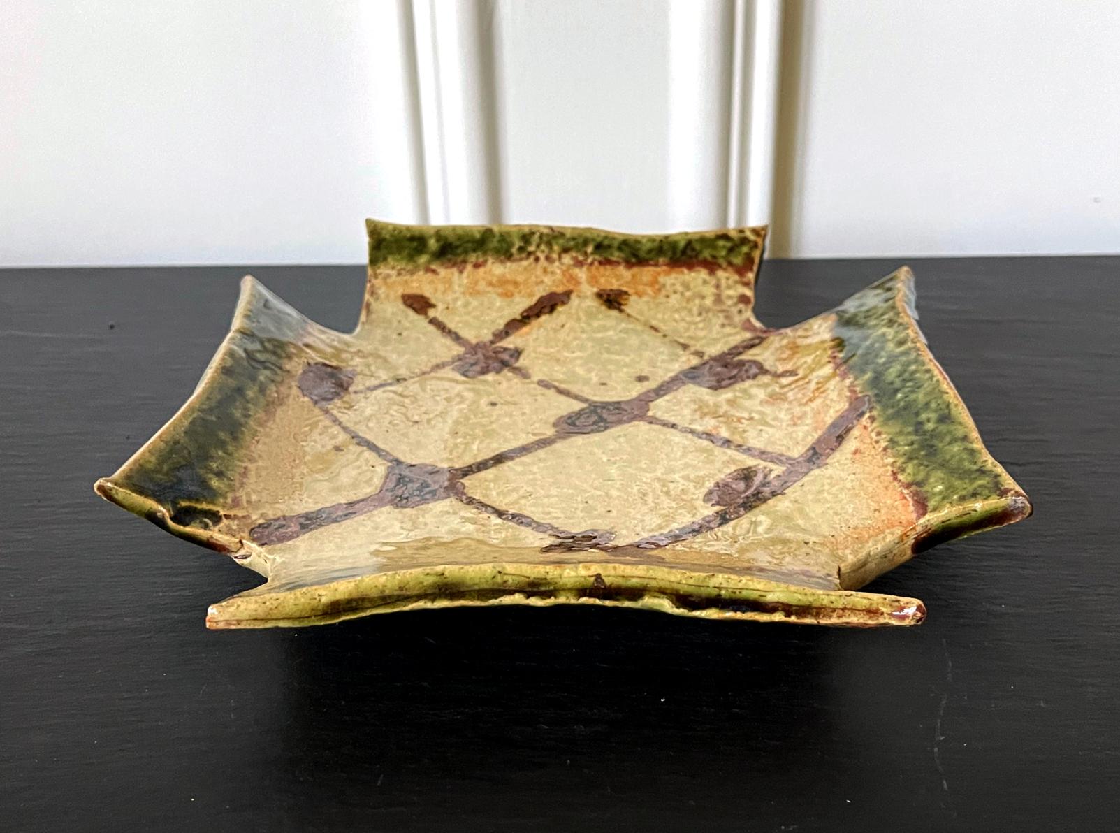 Modern Japanese Oribe Glazed Stoneware Dish by Kitaoji Rosanjin For Sale