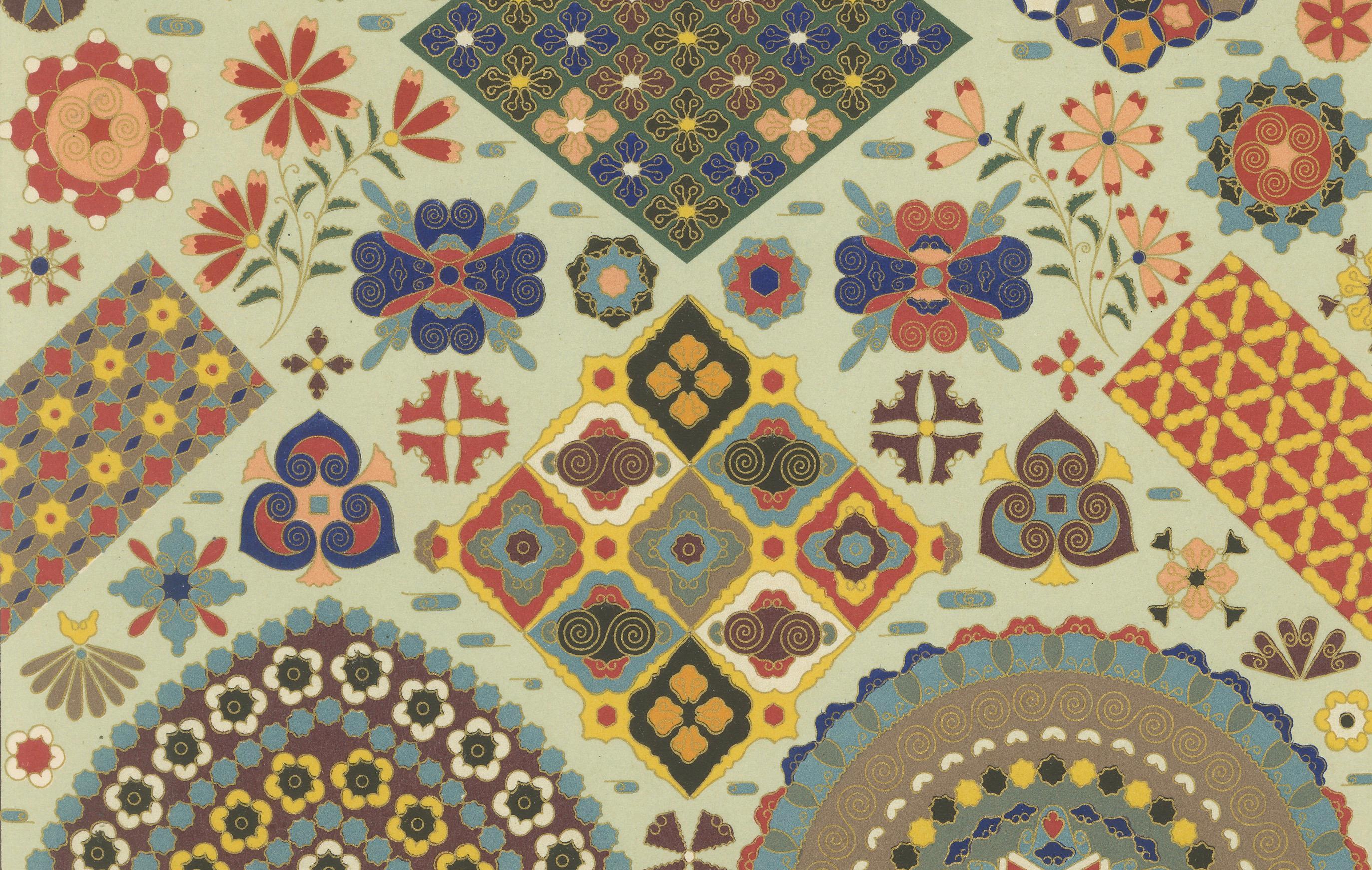 Gravure d'ornement japonaise - Lithographie ancienne de motifs géométriques et floraux, c.1869

Cette vibrante chromolithographie présente un éventail éblouissant de motifs ornementaux japonais, alliant précision géométrique et beauté botanique. La