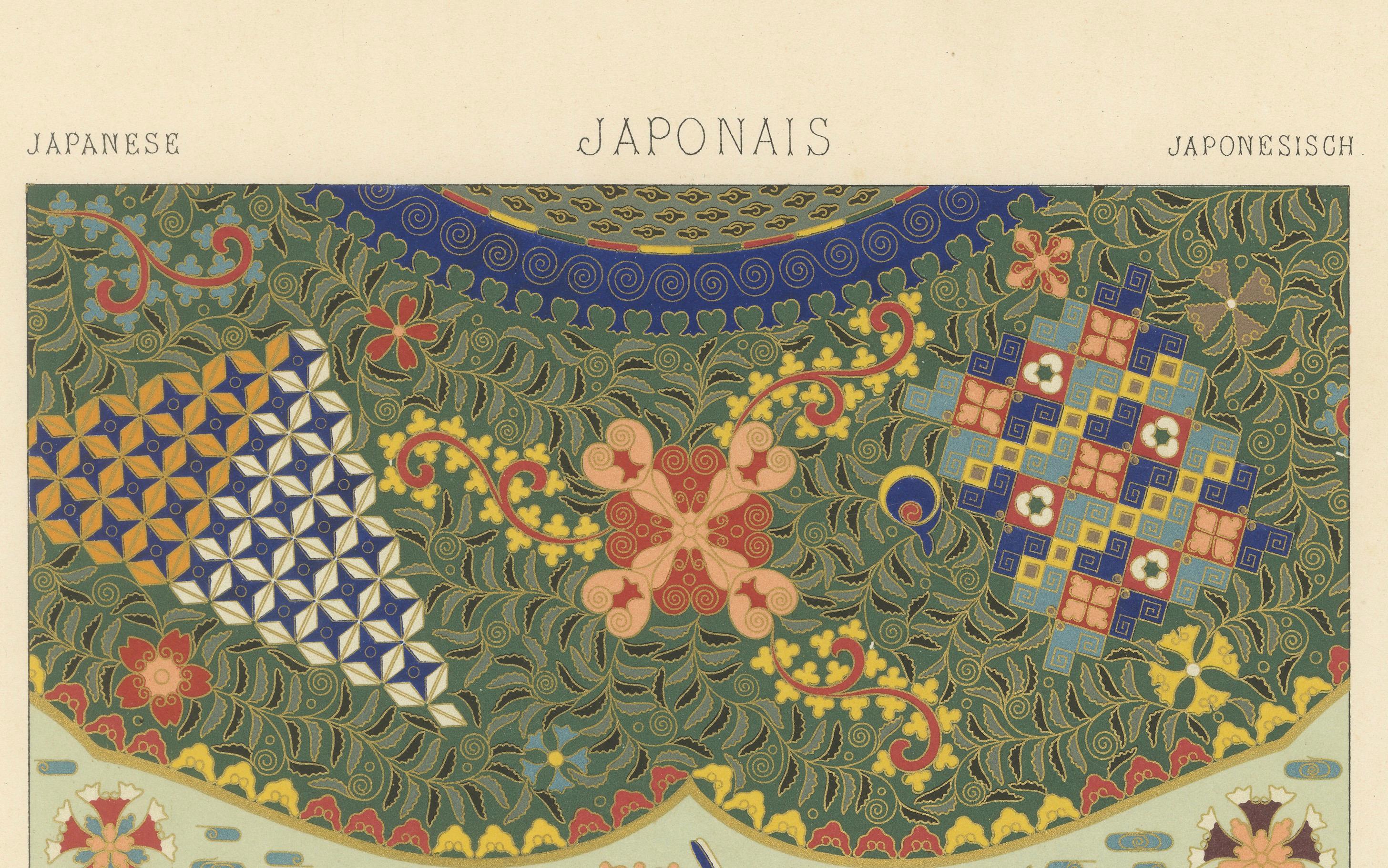 Gravure d'ornement japonaise - Lithographie ancienne de motifs géométriques et floraux 1869 Bon état - En vente à Langweer, NL