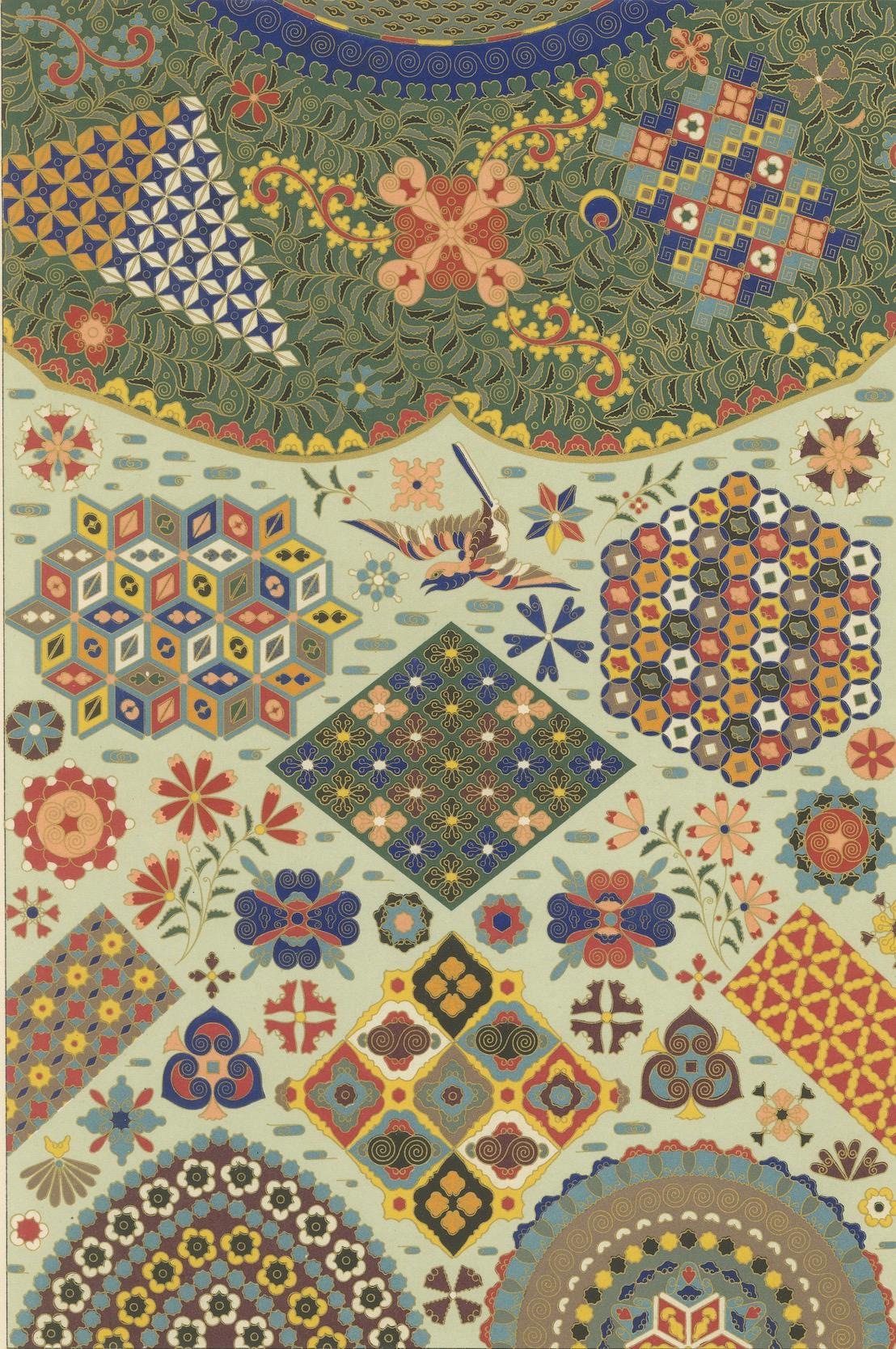 Papier Gravure d'ornement japonaise - Lithographie ancienne de motifs géométriques et floraux 1869 en vente