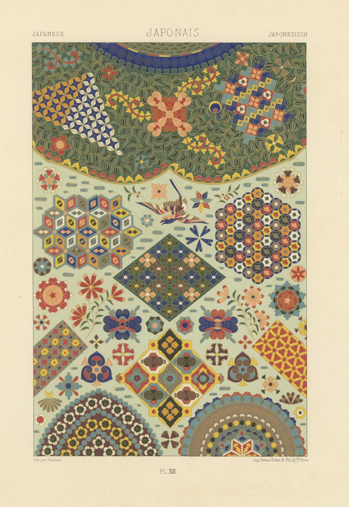 Gravure d'ornement japonaise - Lithographie ancienne de motifs géométriques et floraux 1869 en vente 1