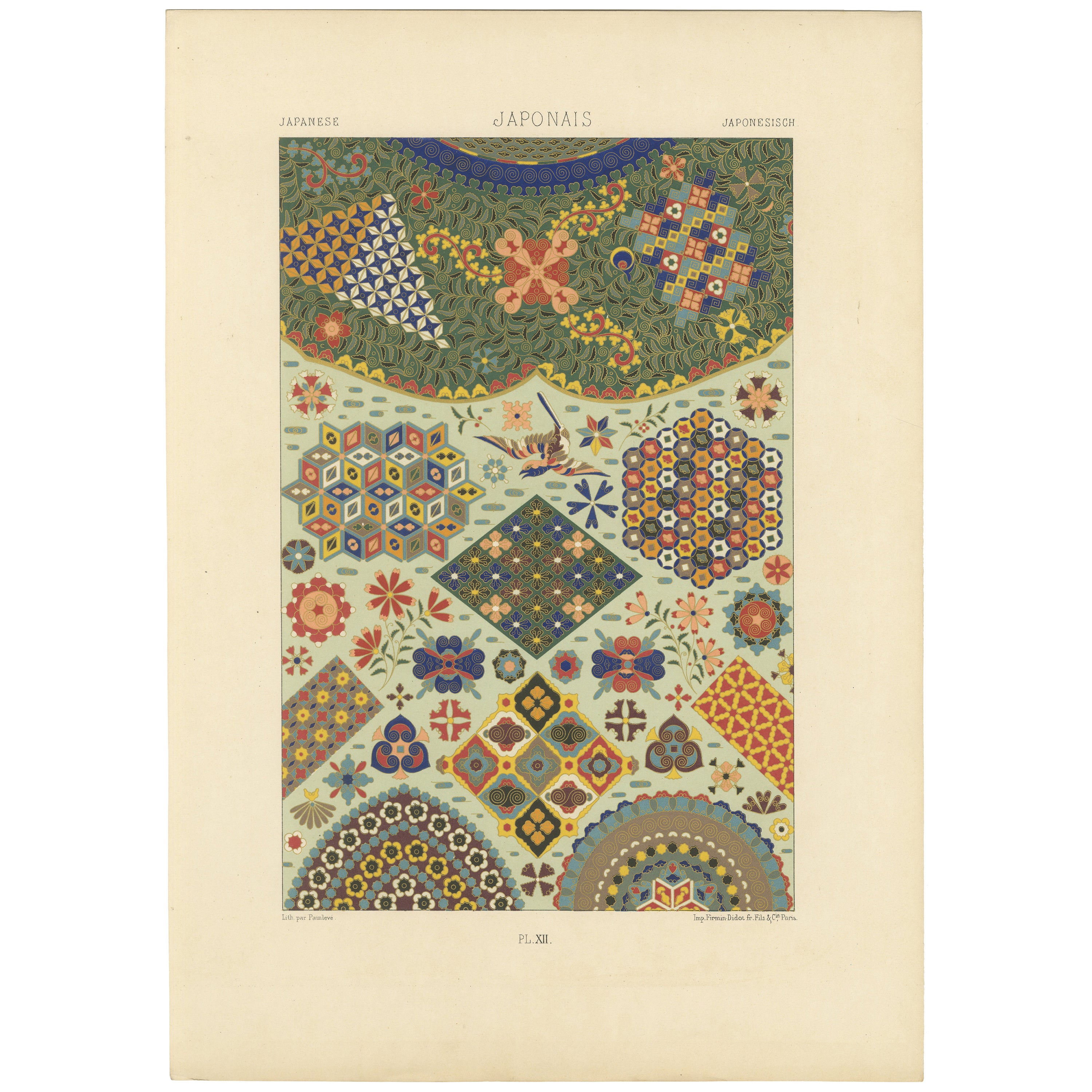 Estampa ornamental japonesa - Litografía antigua de motivos geométricos y florales 1869