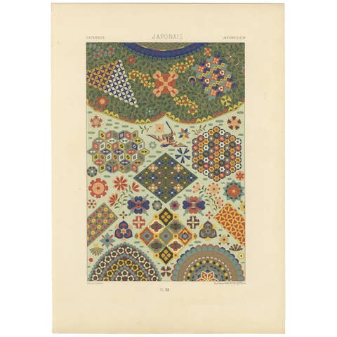 Japanese Ornament Print – Antique Lithograph of Geometric & Floral Patterns 1869