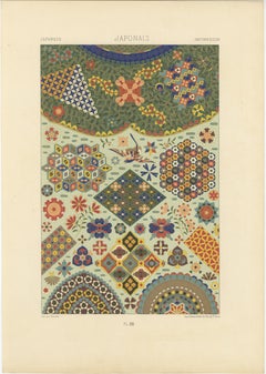 Estampa ornamental japonesa - Litografía antigua de motivos geométricos y florales 1869