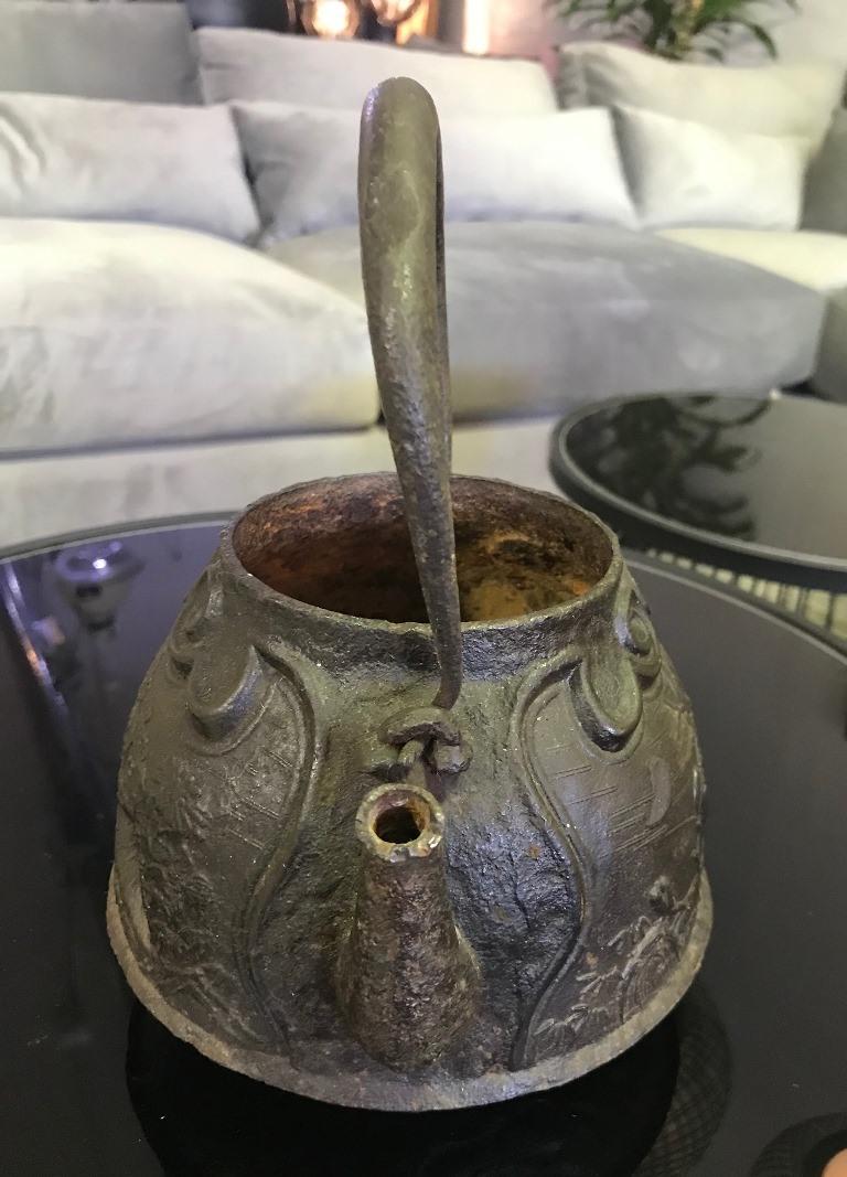 Japanese Ornate Floral Cast Iron Tea Kettle Water Pot Tetsubin Late