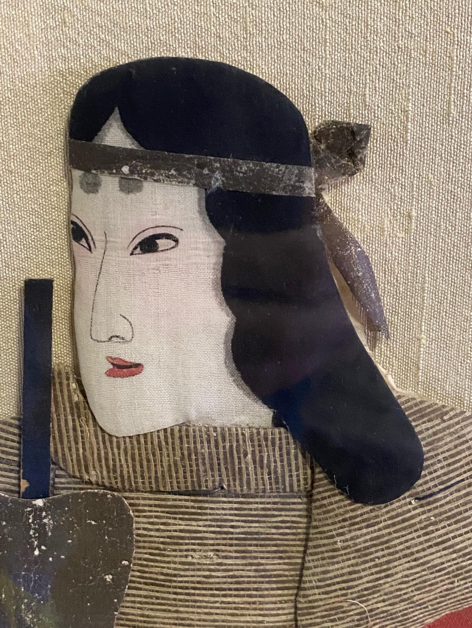 Showa Japanese Oshie Pressed Textile Samurai Framed Shadow Puppet Doll