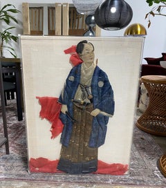 Japanese Oshie Pressed Textile Samurai Framed Showa Shadow Puppet Doll