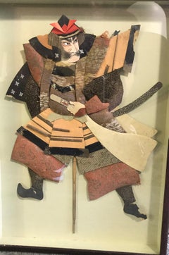 Japanese Oshie Pressed Textile Samurai Warrior Framed Shadow Puppet Doll