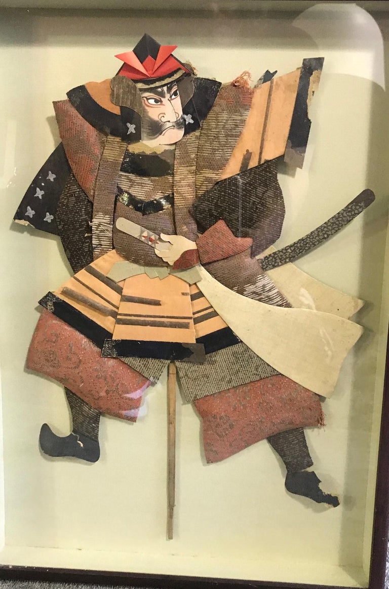 Japanese Oshie Pressed Textile Samurai Warrior Framed Shadow Puppet
