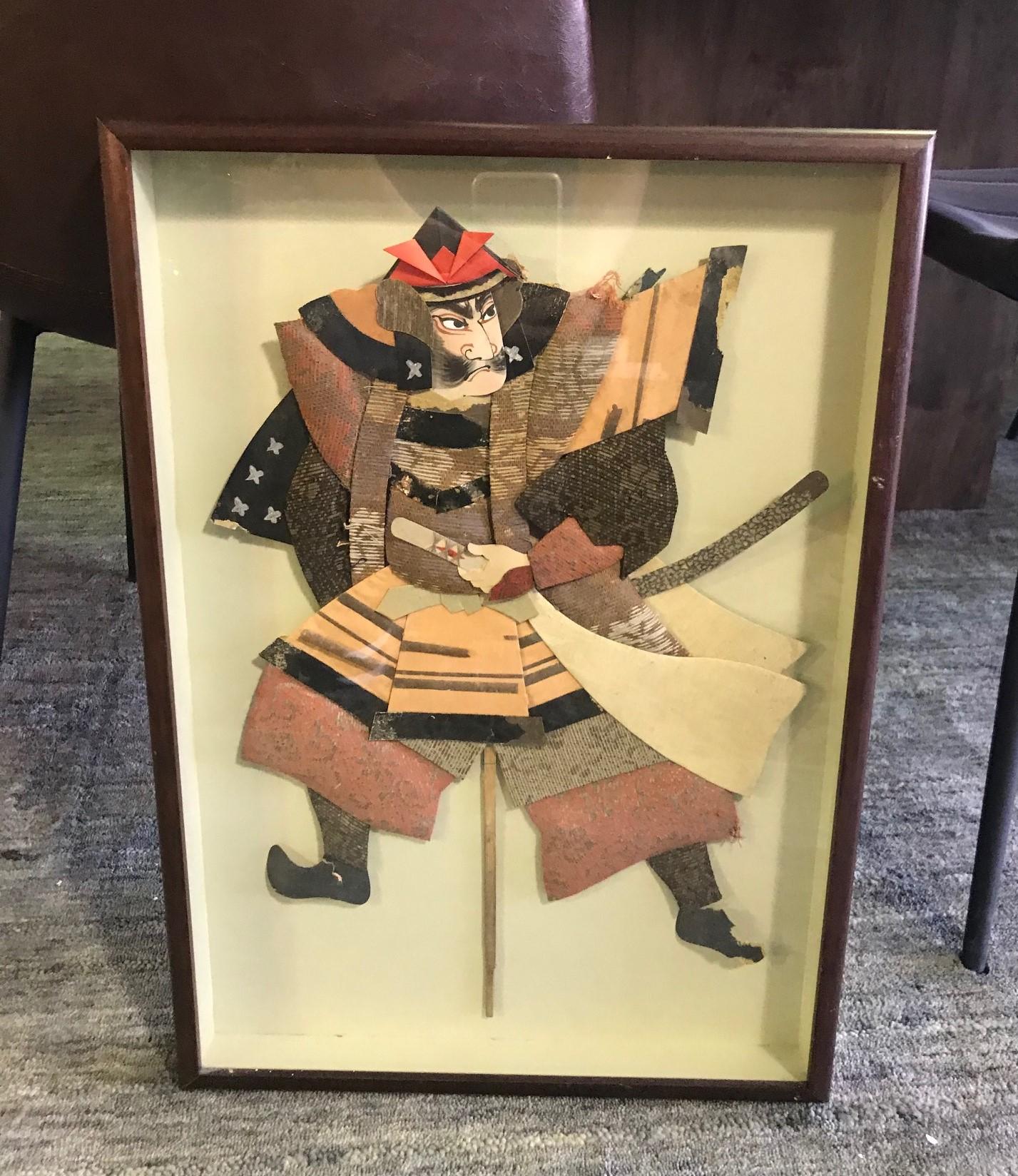 Japanese Oshie Pressed Textile Samurai Warrior Framed Shadow Puppet Doll In Good Condition In Studio City, CA