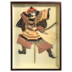 Japanese Oshie Pressed Textile Samurai Warrior Framed Shadow Puppet Doll