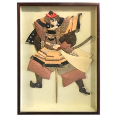 Japanese Oshie Pressed Textile Samurai Warrior Framed Shadow Puppet Doll