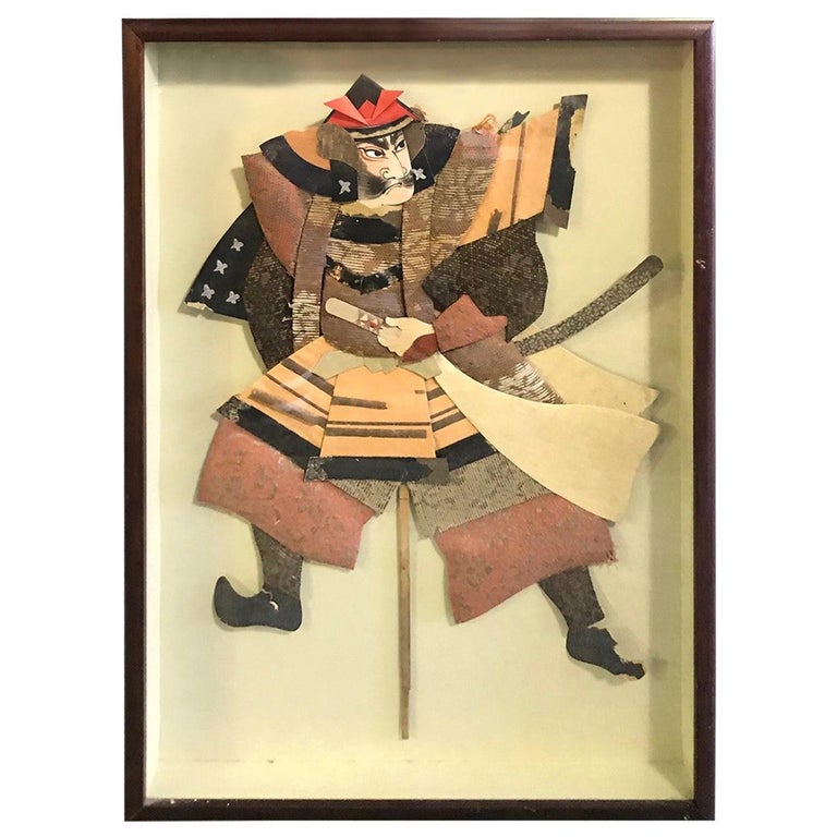Japanese Oshie Pressed Textile Samurai Warrior Framed Shadow Puppet