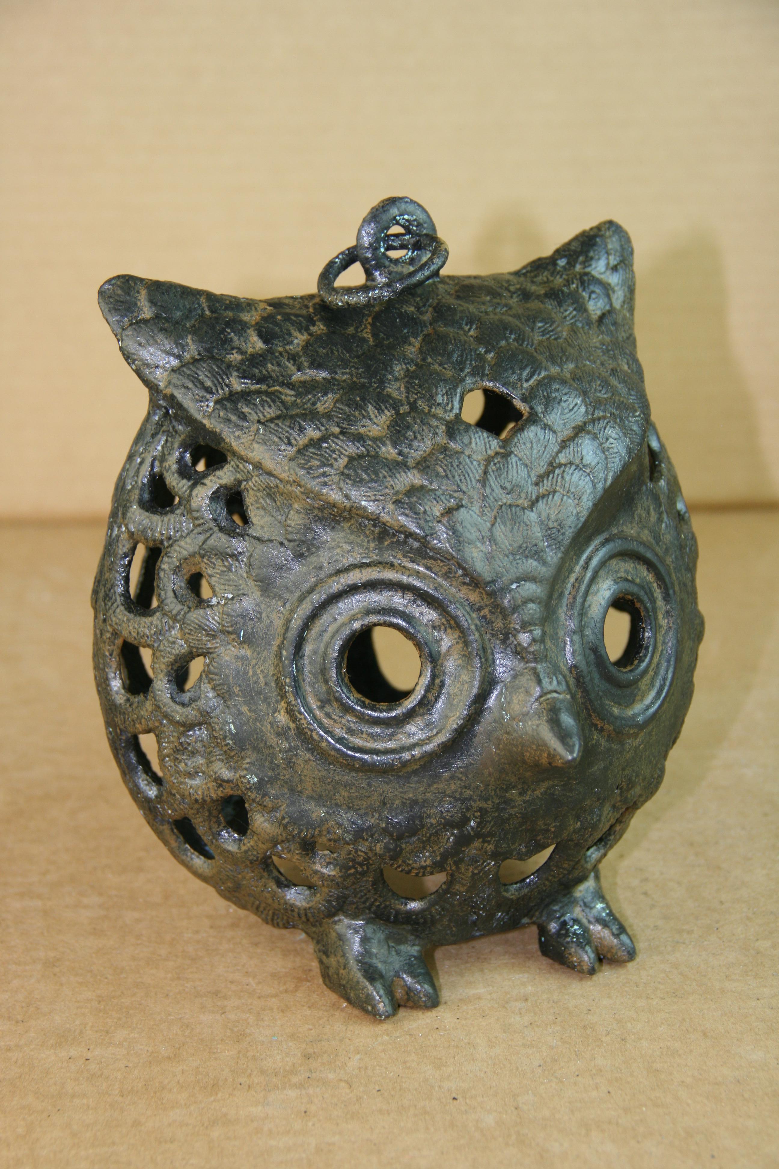 3-1013 Japanese oversized owl garden candle lantern with antique chain marked Japan on bottom.