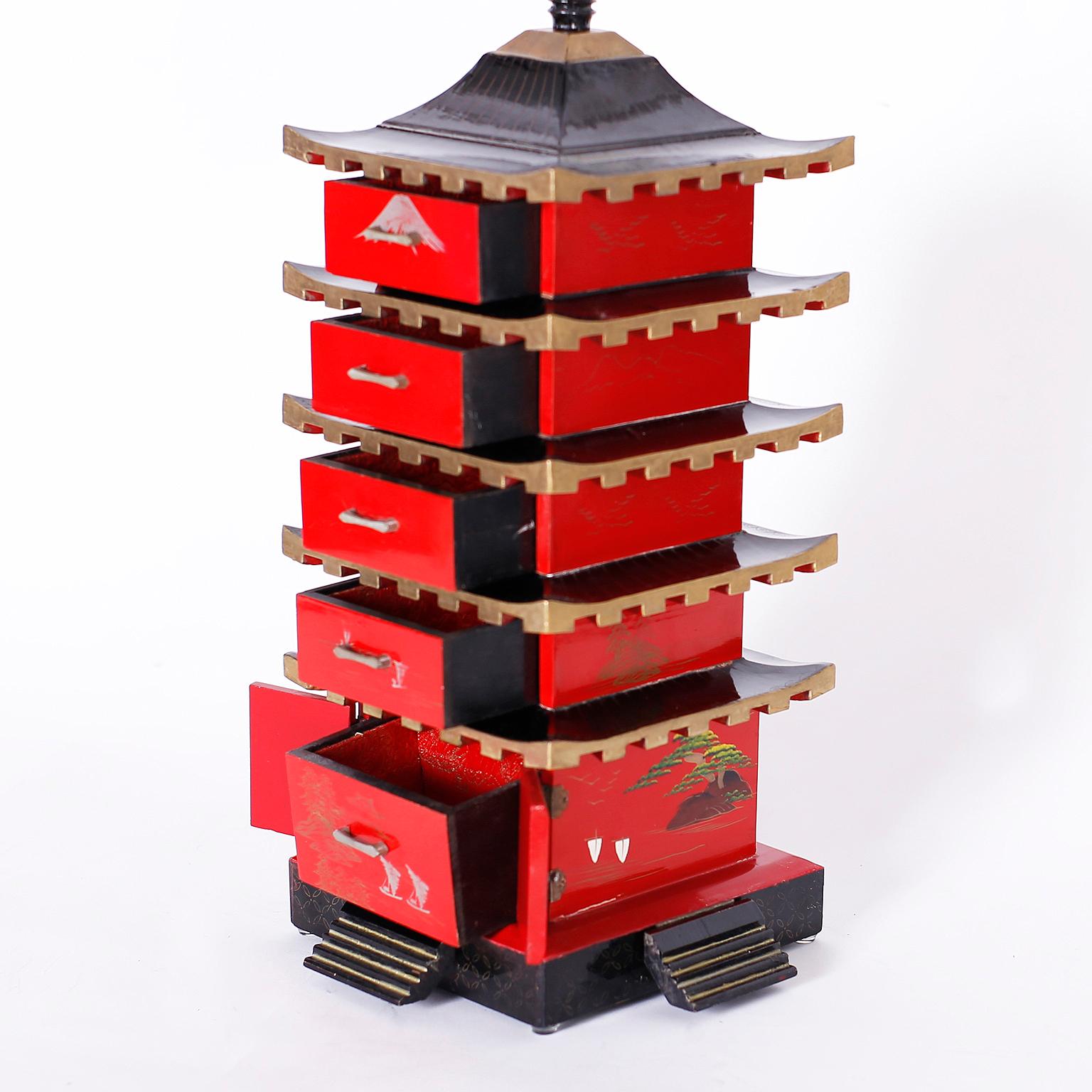 Hand-Painted Japanese Pagoda Jewelry or Keepsake Box