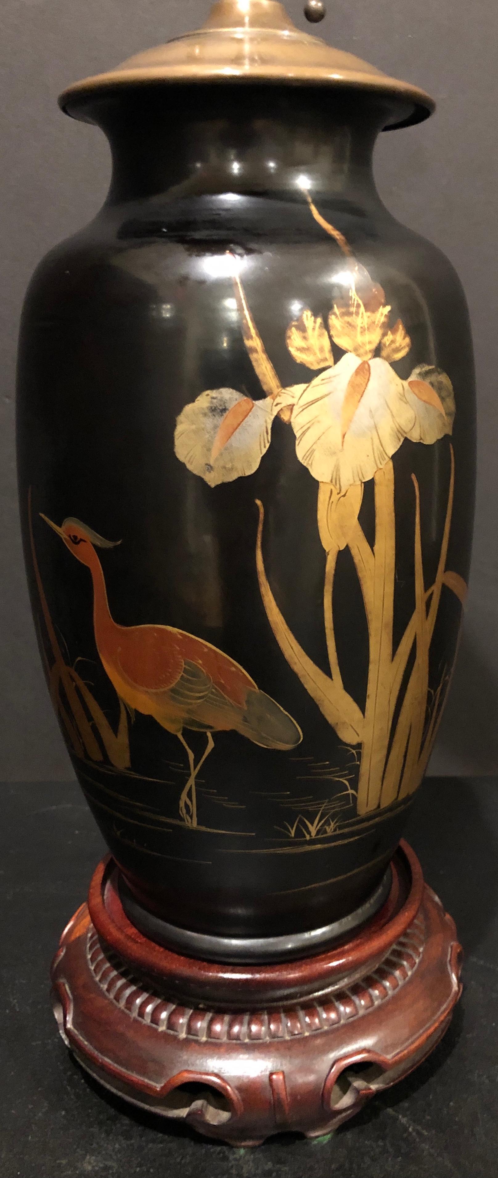 Meiji period Art Nouveau Japanese painted and gilt bronze vase as lamp. Decorated in gold, silver and painted enamel with florals, Calla Lily and reeds. Flanked by standing crane.
16