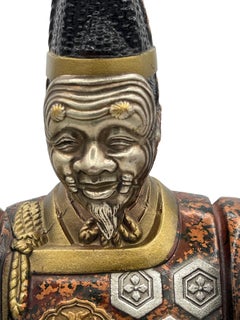 Japanese Painted Bronze of a Man w/ a Noh Mask of Okina & Holding Fan, Ca. 1900