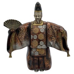 Japanese Painted Bronze of a Man w/ a Noh Mask of Okina & Holding Fan, Ca. 1900