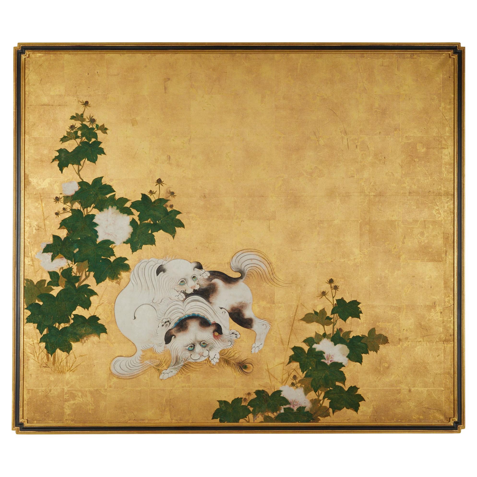 Japanese Painted Panel: Romping Puppies For Sale