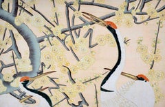 Japanese Painted Wall Panel - Screen With Cranes