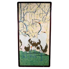 Antique Japanese Painted Wall Panel - Screen With Cranes