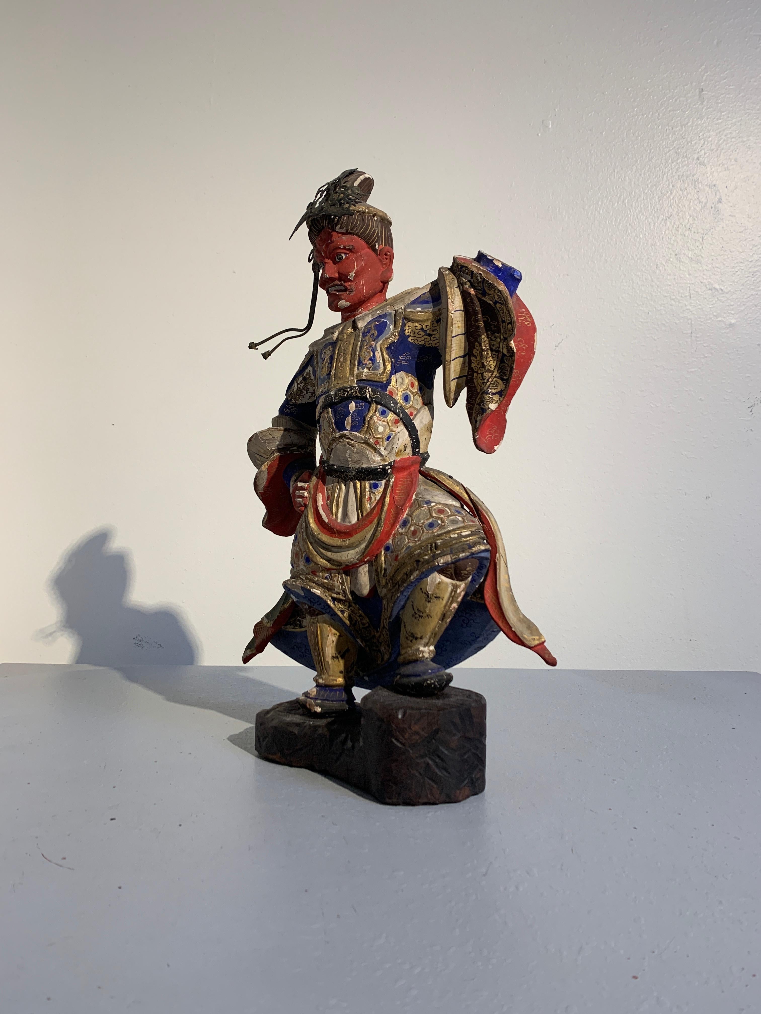 Japanese Painted Wood Figure of a Guardian King, Edo Period, 18th Century In Fair Condition In Austin, TX