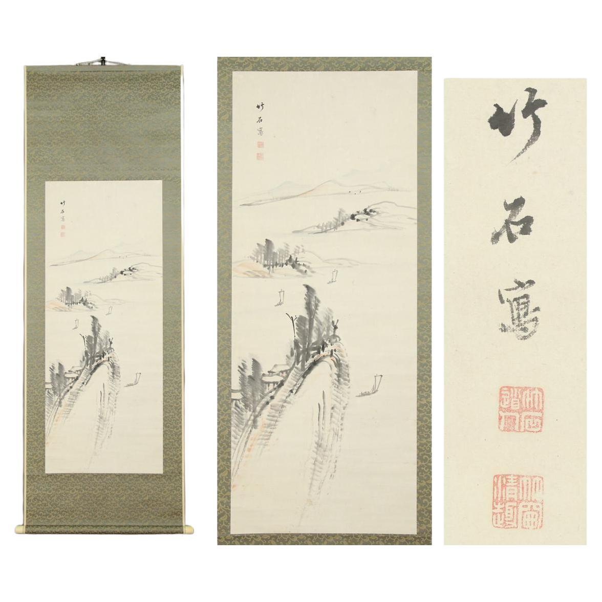 Japanese Painting 18c Edo Scroll Chikuseki Nagamachi Nihonga Landscape Painting For Sale