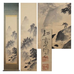 Pintura Japonesa 20º Pergamino de Kouhiro Sato Nihonga Paisaje Montaña Pesca