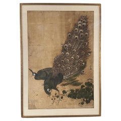 Antique Japanese Painting depicting a Peacock - Ink & Color on Paper, 19th Century