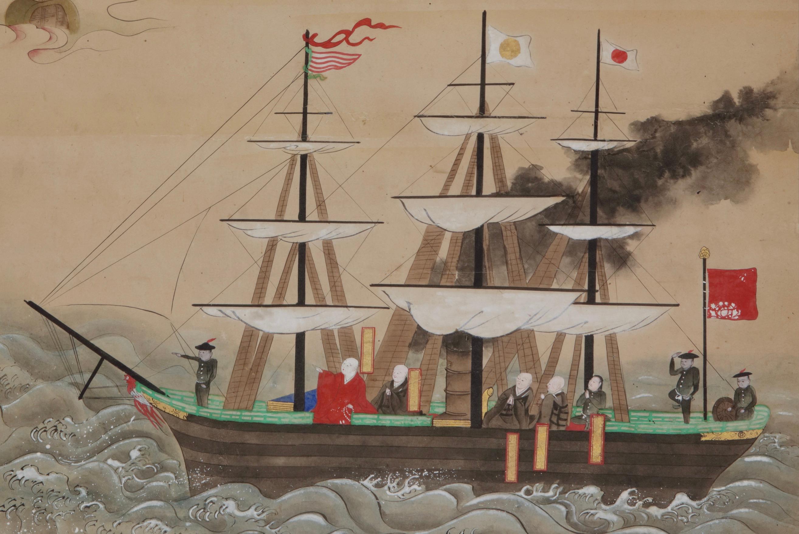 Peinture japonaise représentant le navire amiral du commodore Matthew Perry, l'USS Mississippi, apportant le cercueil contenant la dépouille du soldat de marine américain Robert Williams, mort le 6 mars 1854 à l'âge de 21 ans alors qu'il servait sur