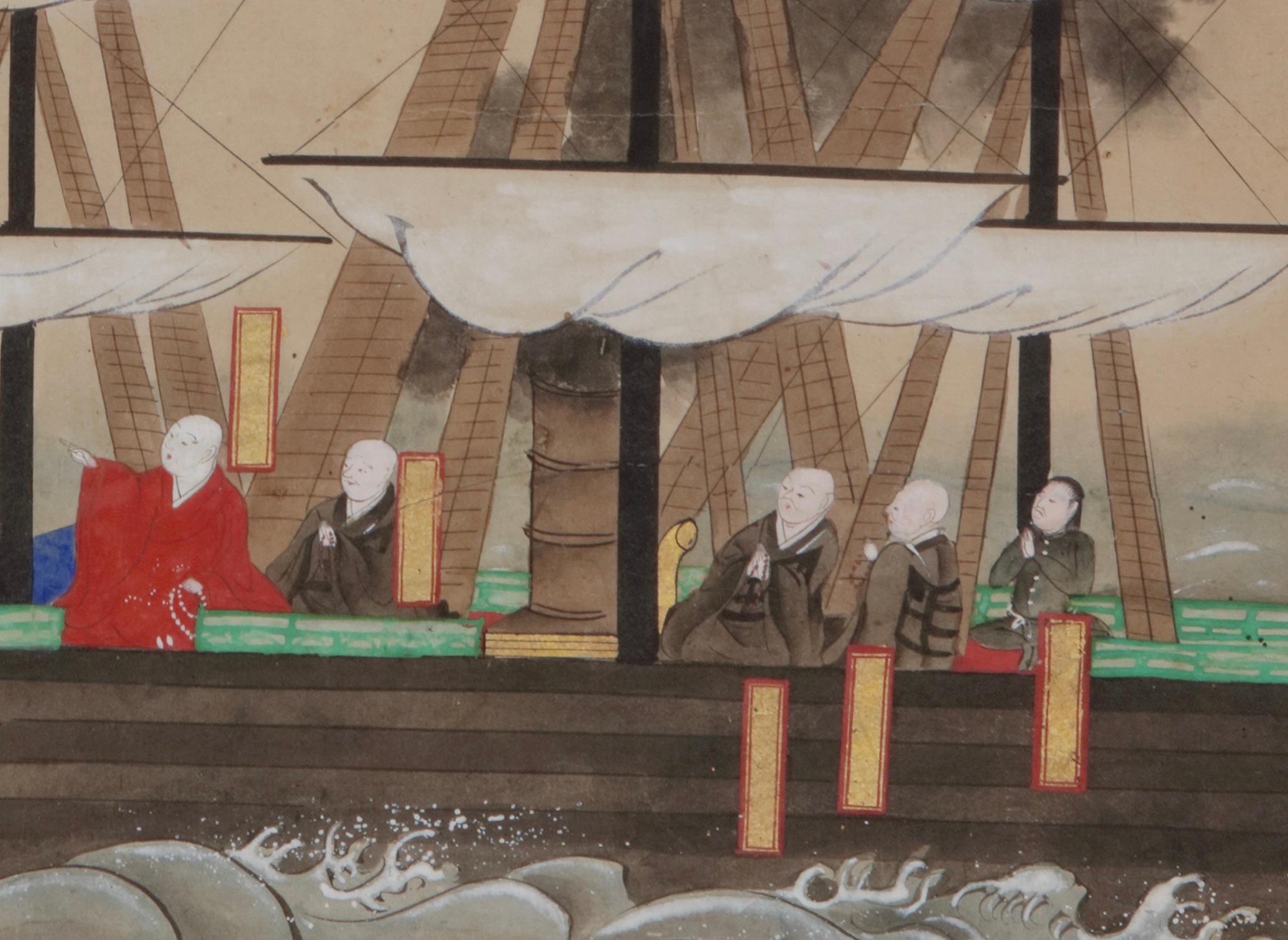 Edo Peinture japonaise représentant un navire du commodore Perrys avec des moines bouddhistes à bord en vente