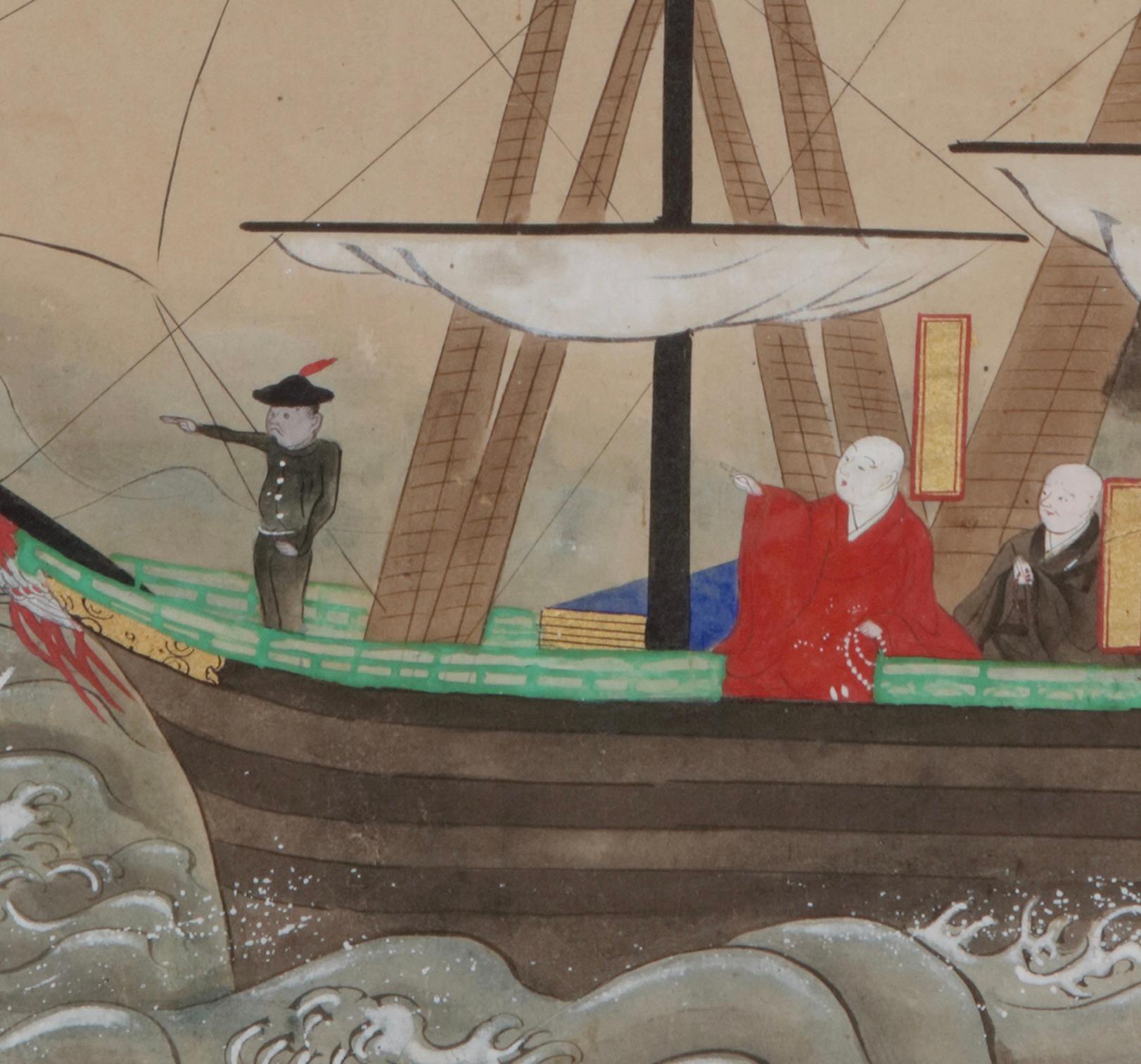 Japonais Peinture japonaise représentant un navire du commodore Perrys avec des moines bouddhistes à bord en vente