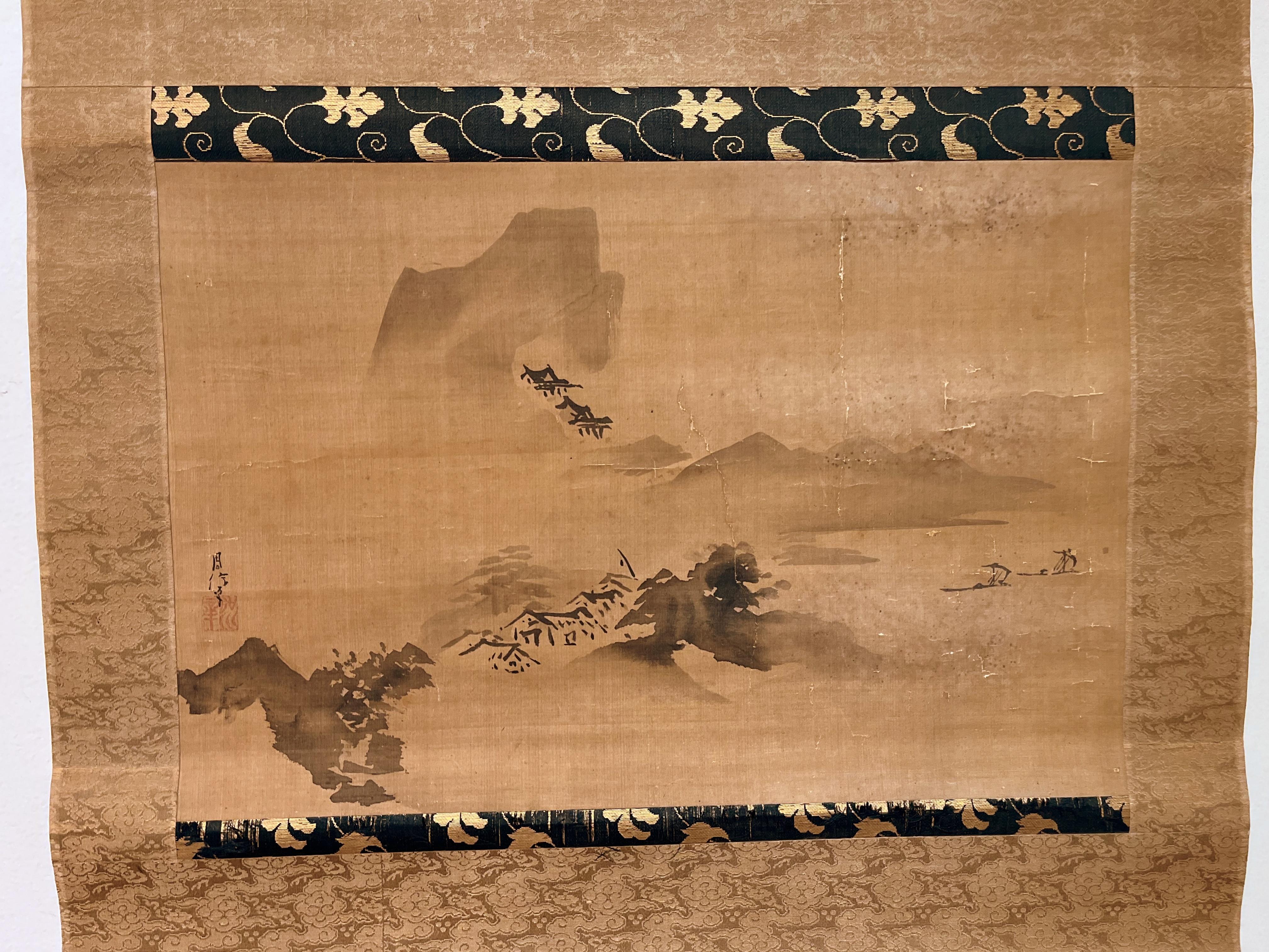 Hand-Painted Japanese Painting of Mountain and village, Hanging Scroll For Sale