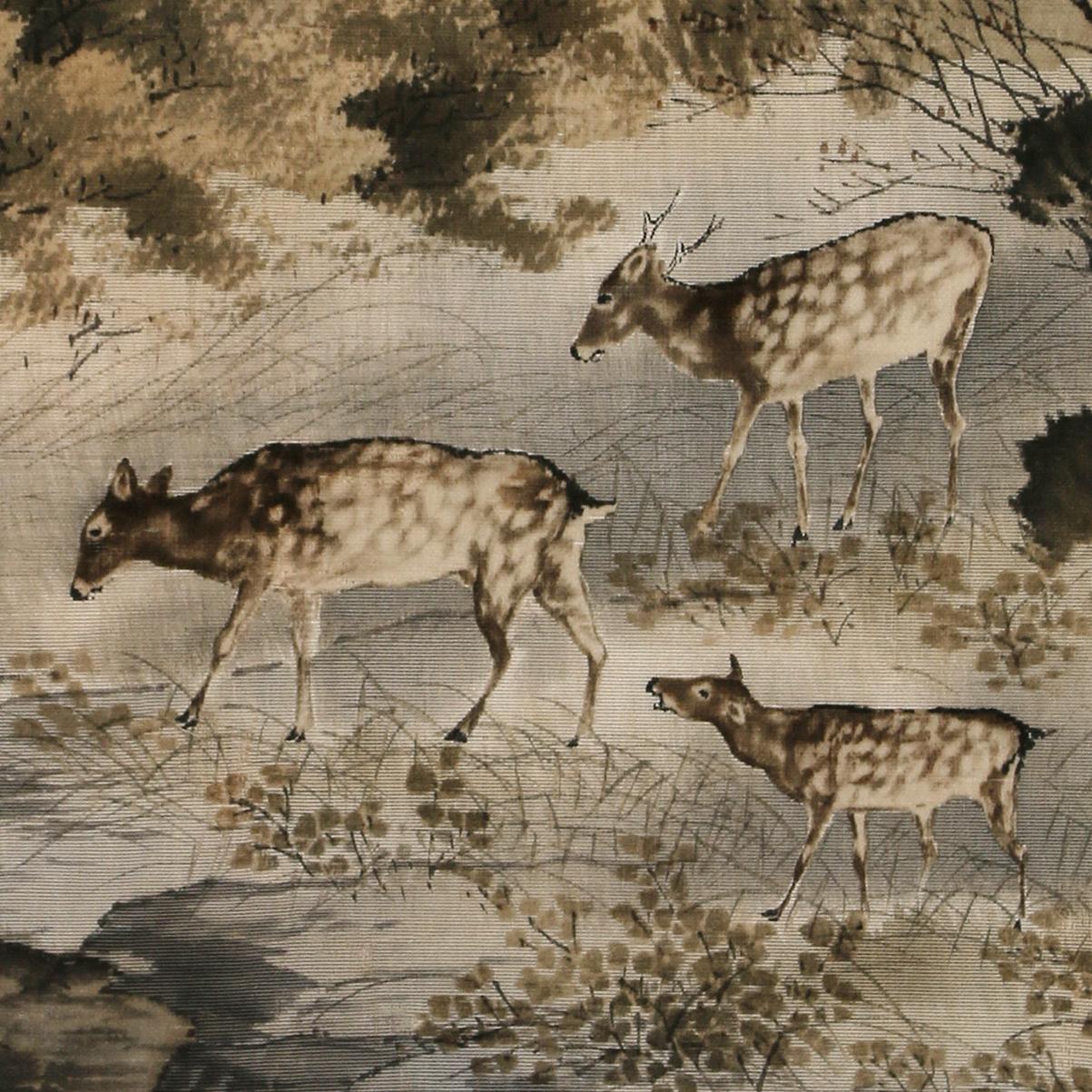 It was love at first sight for us with this stunning Japanese pastoral scene on fabric. Beautifully painting with soft, muted colors, the piece captures a lovely moment in the mountains where a family of deer appear ready to cross a creek.  The