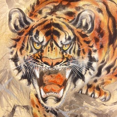 Japanese Painting on Linen of Roaring Tiger
