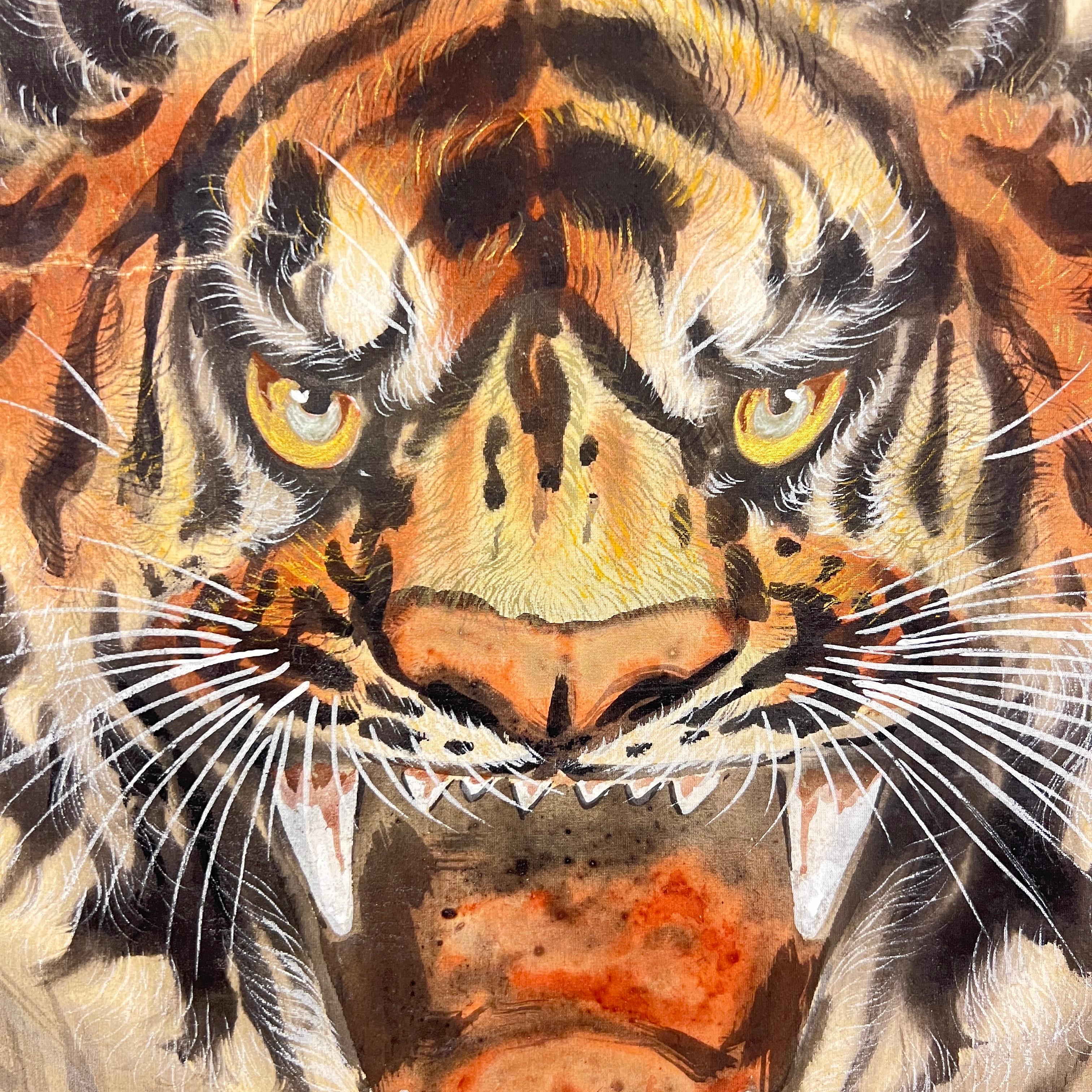 Hand-Painted Japanese Painting on Linen of Roaring Tiger For Sale