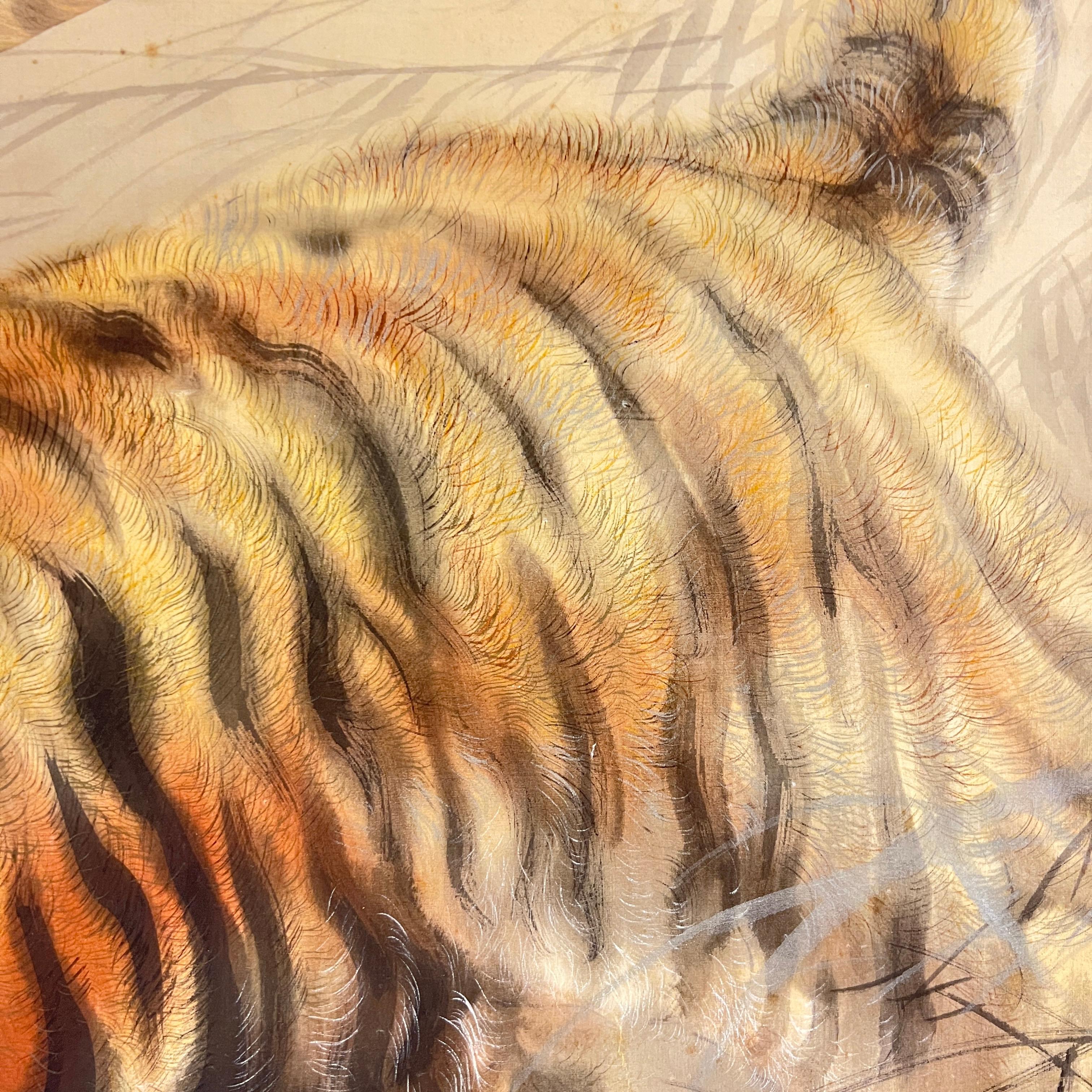 20th Century Japanese Painting on Linen of Roaring Tiger For Sale