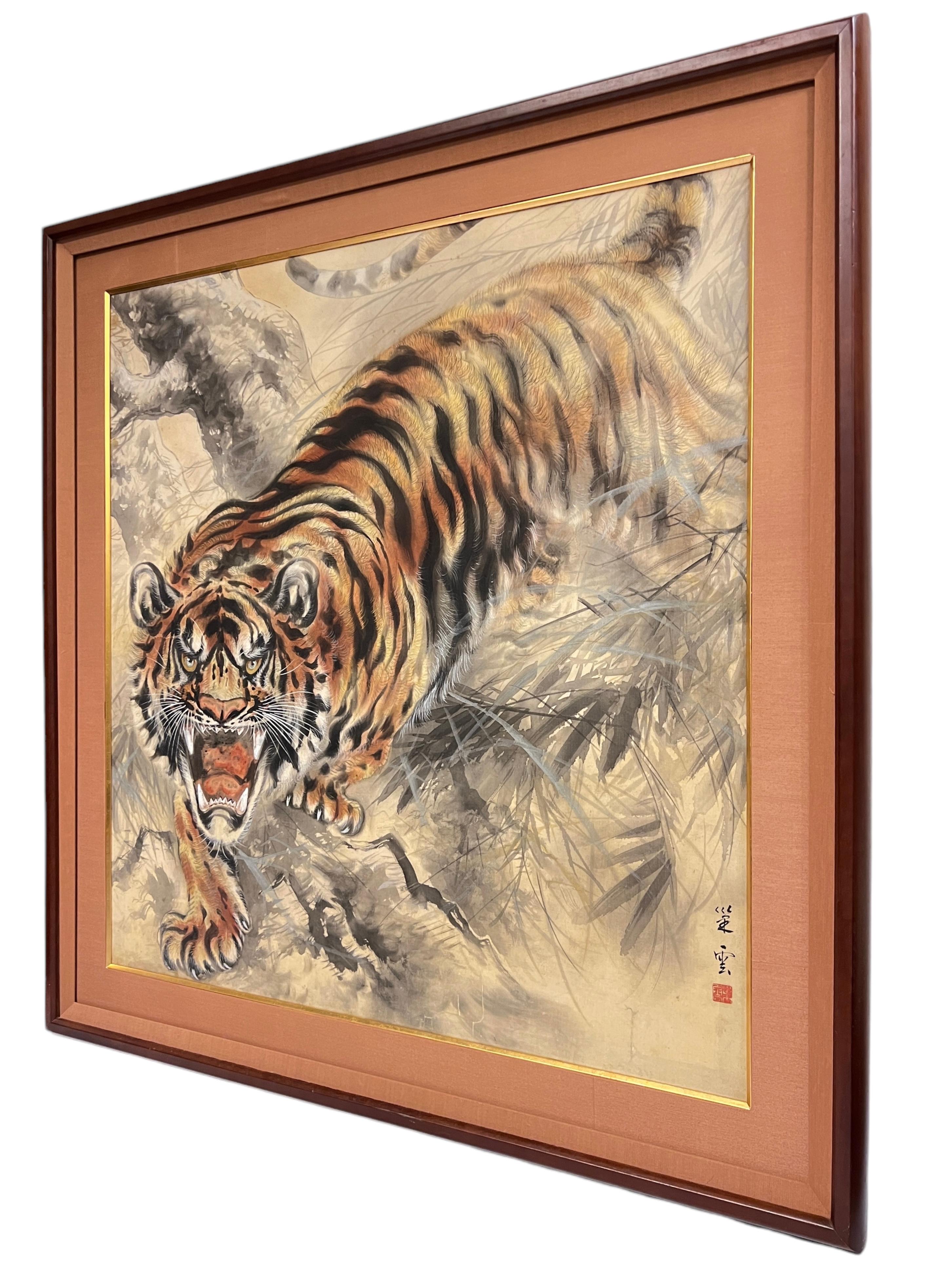 Japanese Painting on Linen of Roaring Tiger For Sale 4