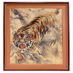 Japanese Painting on Linen of Roaring Tiger
