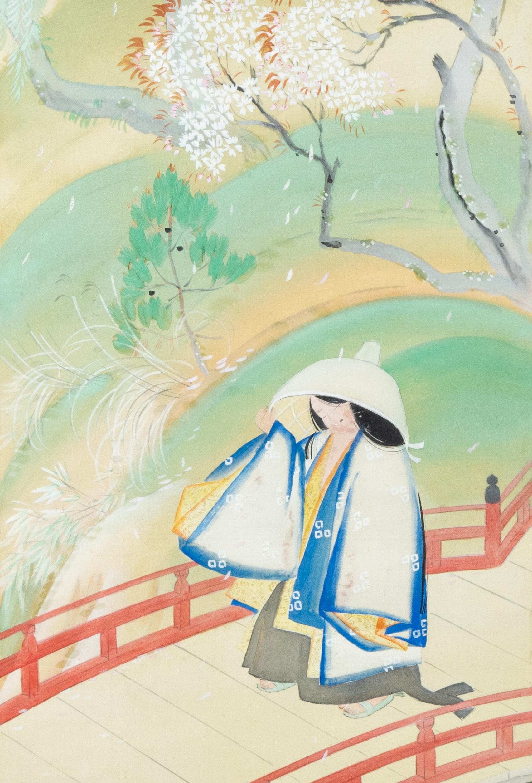 Japanse school Vrouw op brug
Rolschildering / scroll op zijde, benen rollers. B 77.5 x 36.9 / 160 x 49 cm
77.5 x 36.9 / 160 x 49 cm.