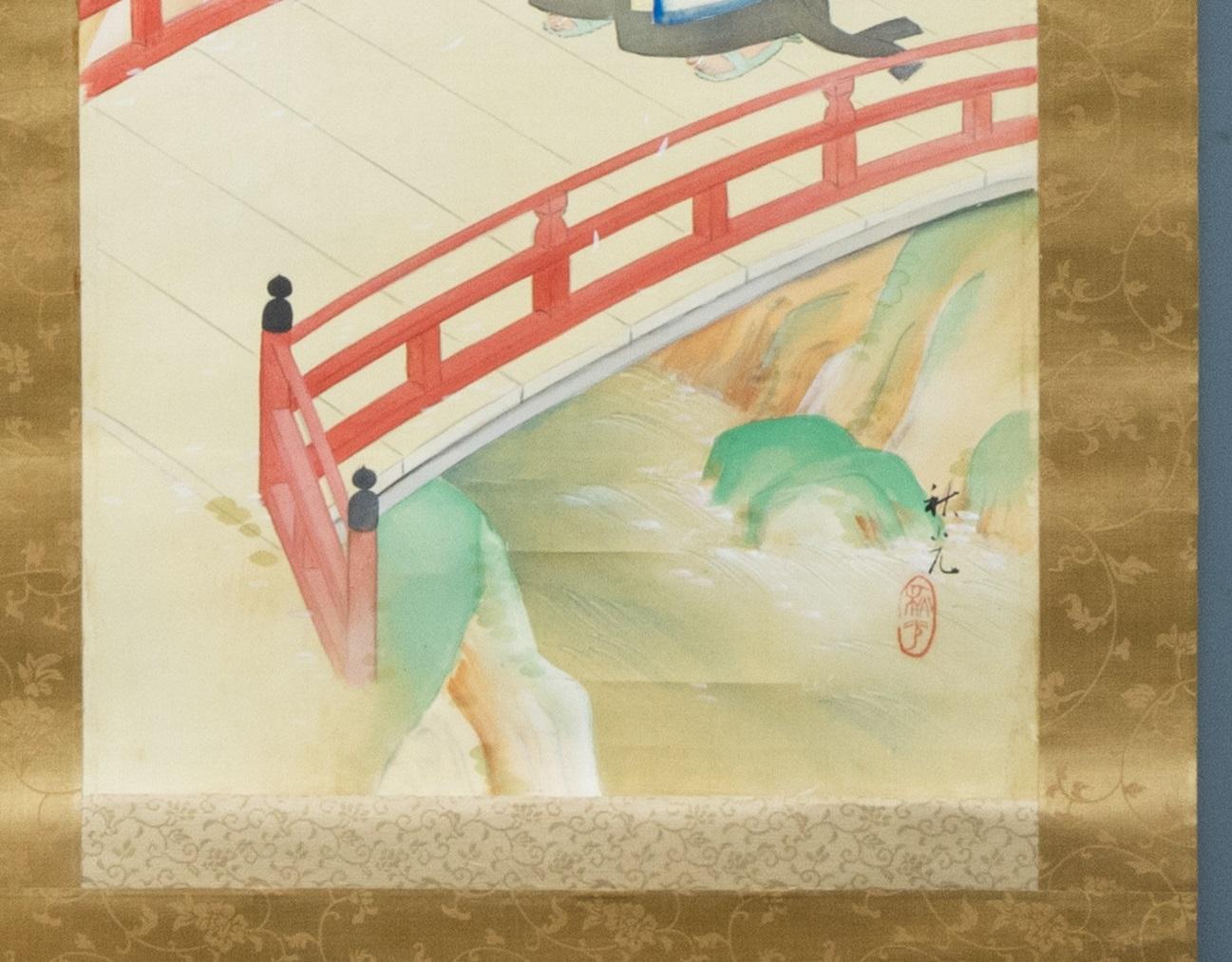 Meiji Japanese Painting Scroll Crane Landscape Nihonga Japan Artist Sign For Sale