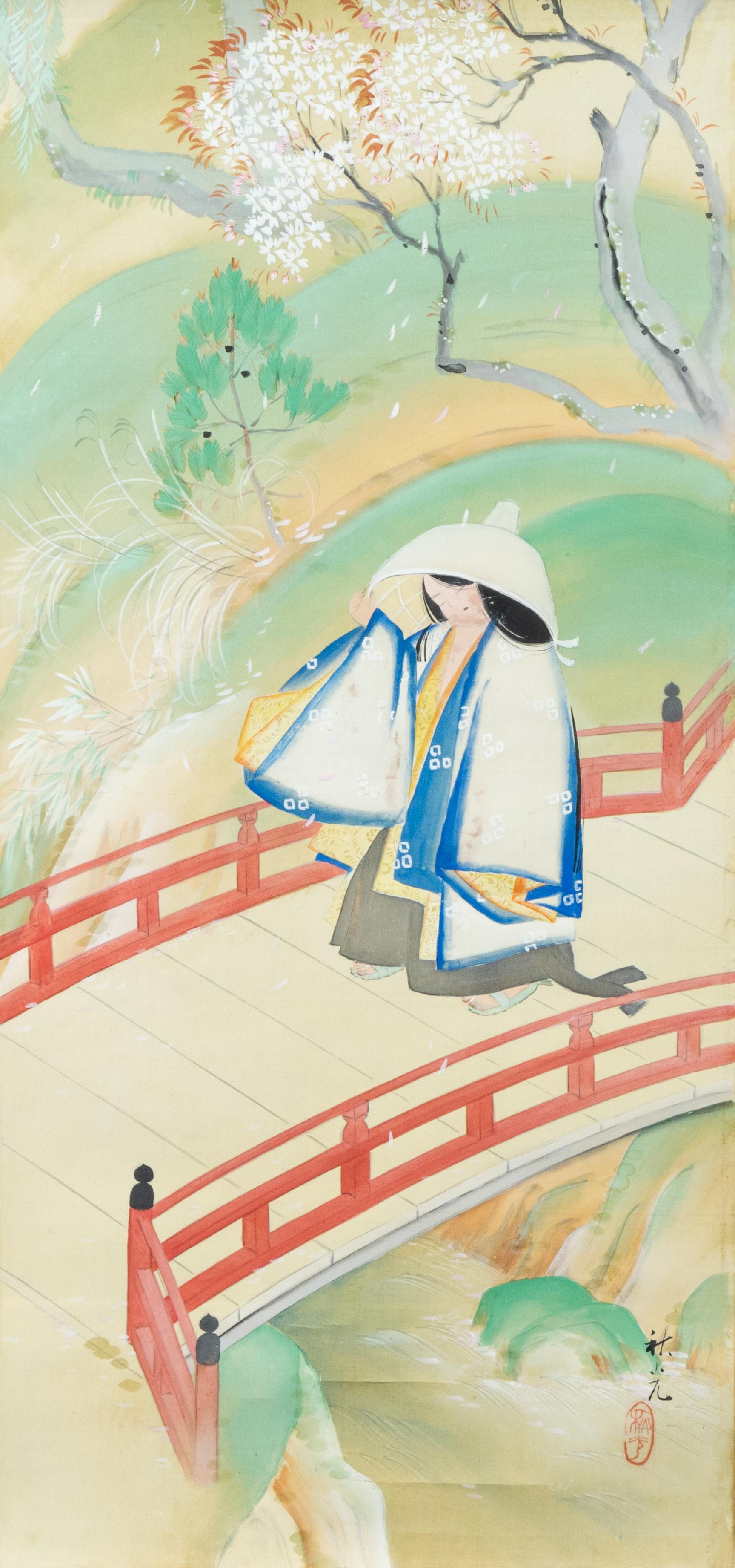 19th Century Japanese Painting Scroll Crane Landscape Nihonga Japan Artist Sign For Sale