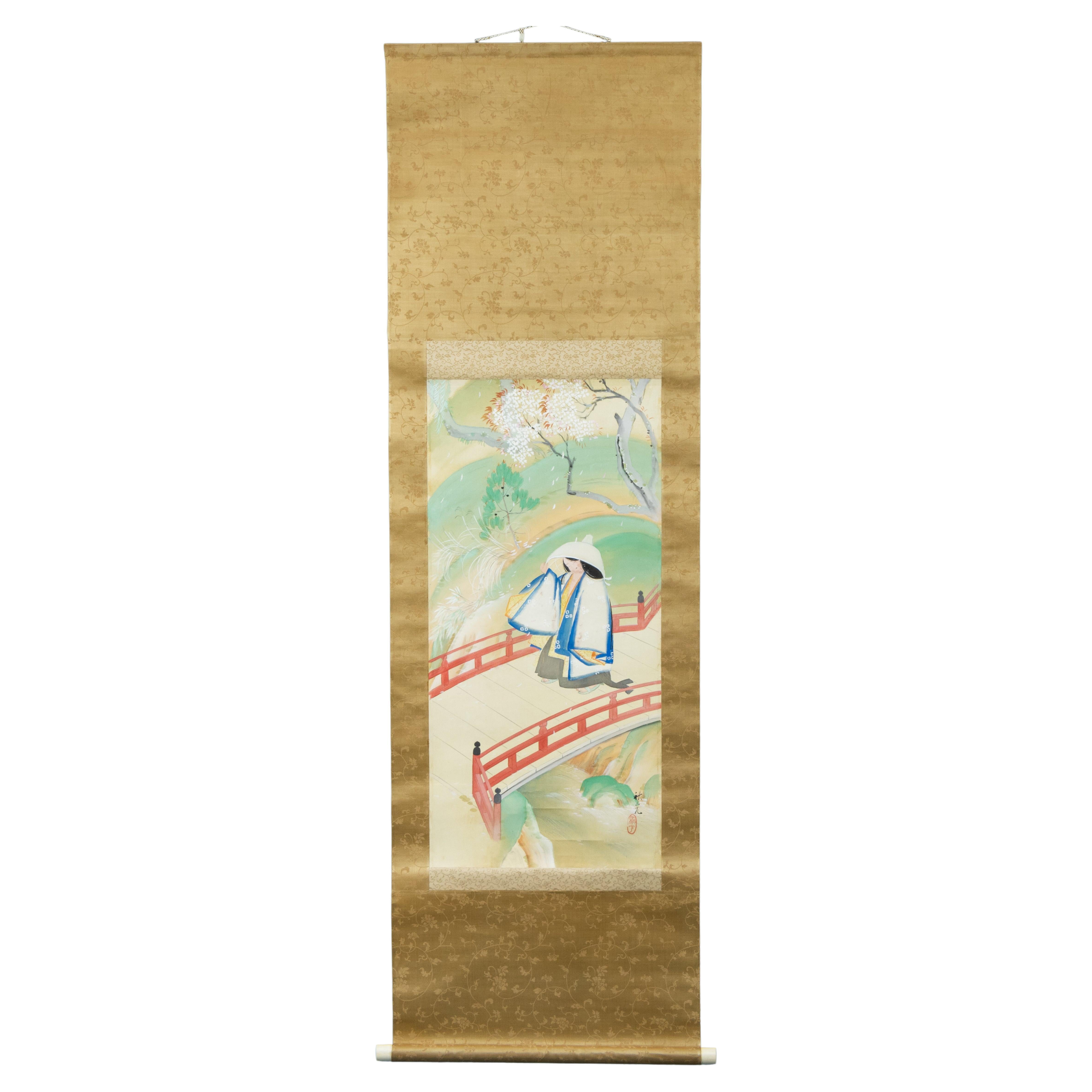 Peinture japonaise - Paysage de grues en volute - Signature de l'artiste japonais Nihonga