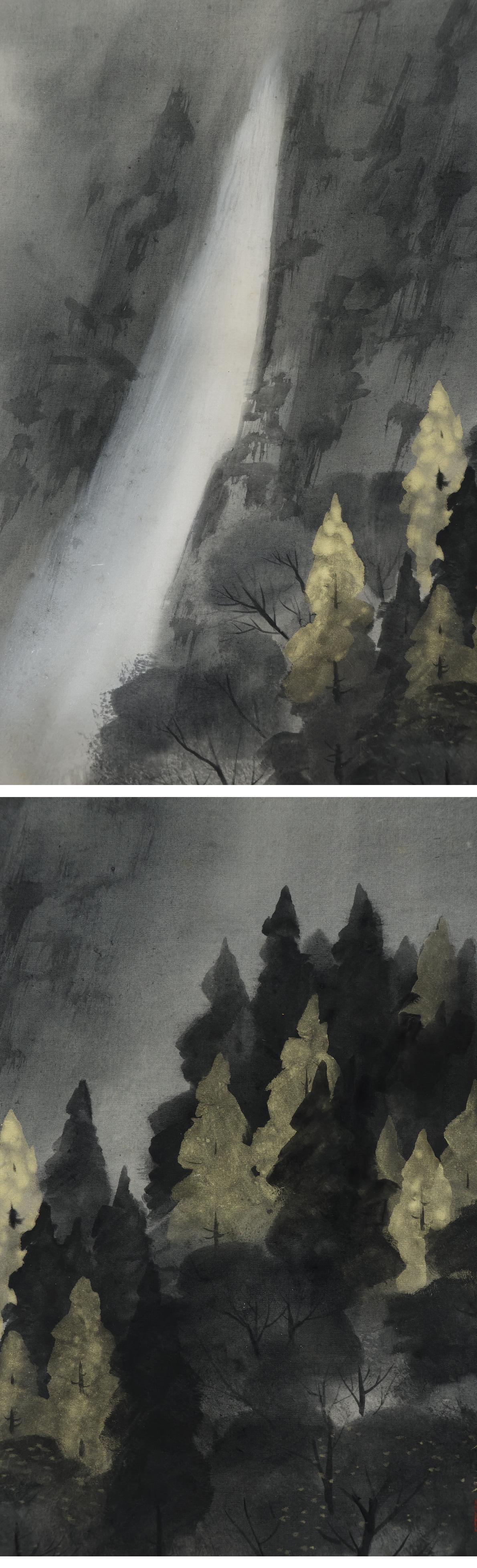 Pintura Japonesa Periodo Showa Pergamino de Norikuni Kawamura Tinta Paisaje mediados del siglo XX en venta