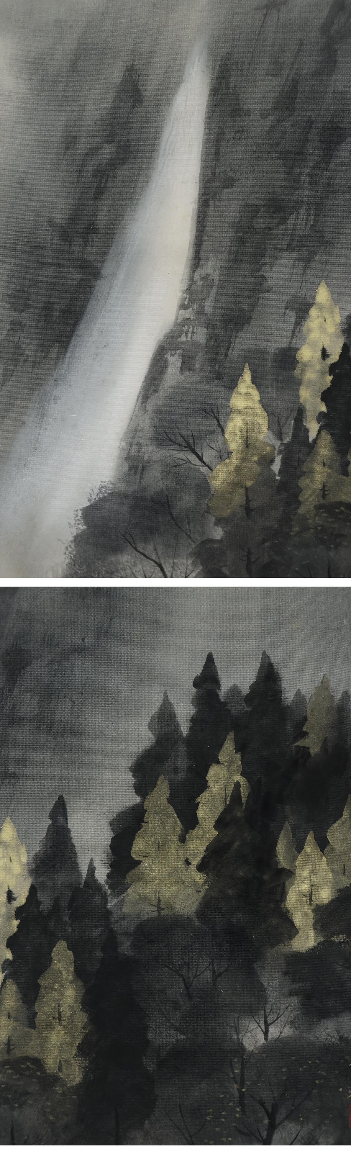 Soie Peinture japonaise Showa Période par Norikuni Kawamura Paysage à l'encre en vente