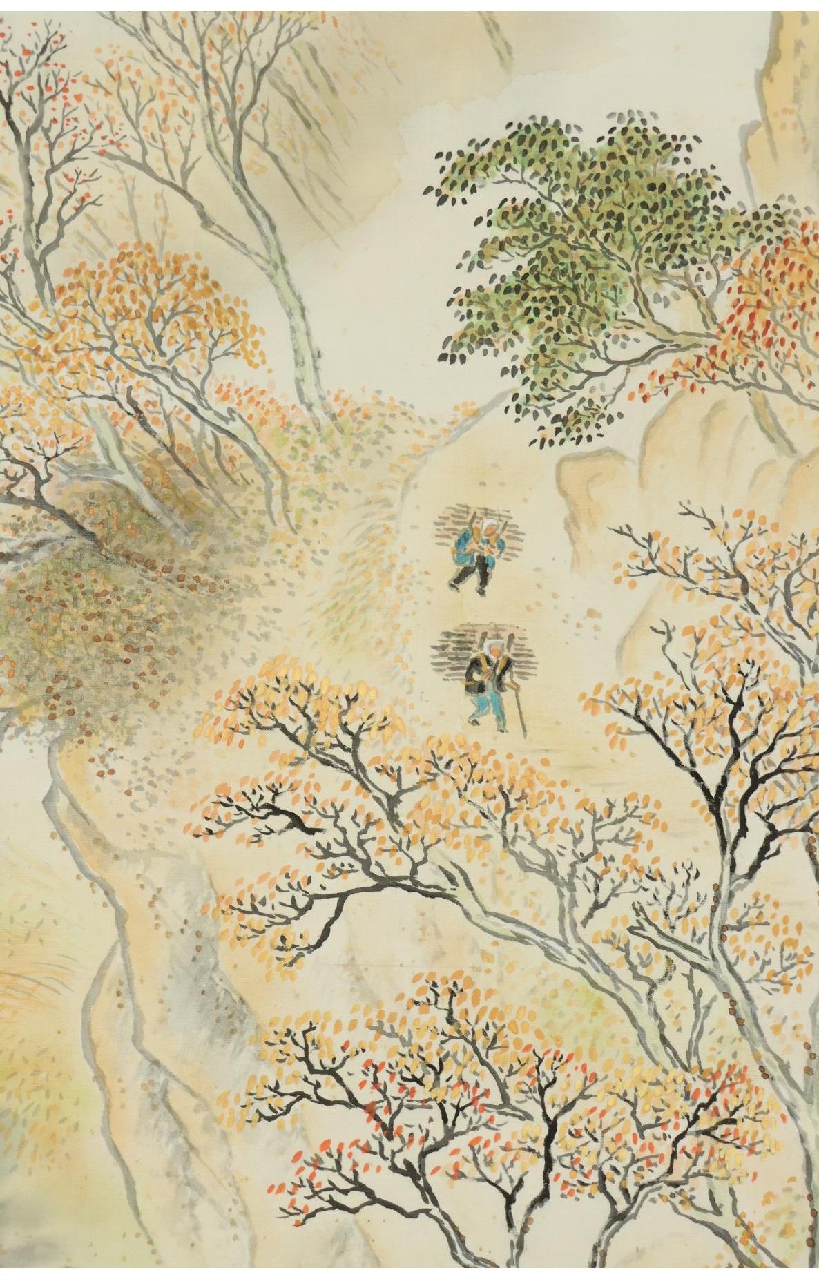 Soie Peinture japonaise de la période Taisho Scroll Autumn mountain Nihonga Kawauchi Shujin en vente